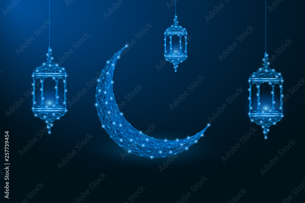 Poster ramadan kareem illustration made by points and lines, polygonal wireframe mesh. low poly islamic cre