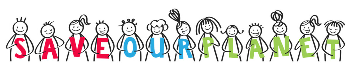 SAVE OUR PLANET stick people holding colorful letters against climate change horizontal banner
