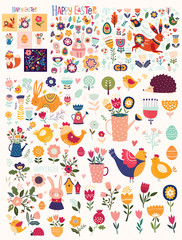 Fototapeta na wymiar Vector easter illustration with hare, birds, flowers and others