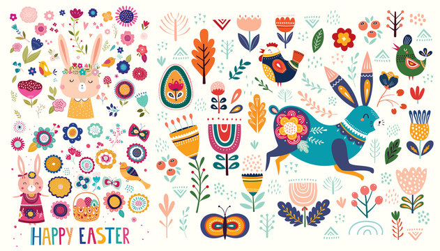Vector easter illustration with cute banny , hare, birds and flowers