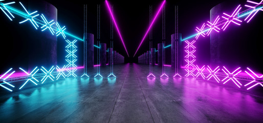 Sci Fi Asphalt Futuristic Dance Stage Empty Metal Construction Structure Tunnel Underground Show Neon Glowing Laser Led Vibrant Purple Blue Grunge Concrete Virtual 3D Rendering