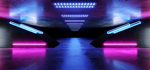 Empty Sci Fi Futuristic Retro Fluorescent Luminous Triangle Shaped Neon Tube Laser Led Glowing Vibrant Lights On Grunge Concrete Reflective Dark Tunnel Corridor 3D Rendering