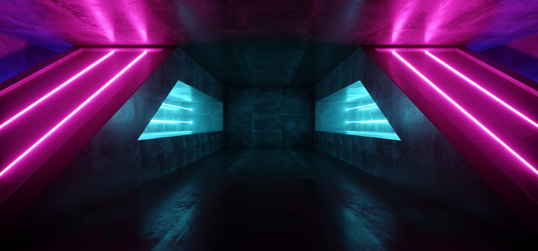 Virtual Reality Background Stage Empty Dark Vibrant Purple Neon Blue Lasers Glowing On Grunge Concrete Alien Shape Spaceship Futuristic Sci Fi Future 3D Rendering © IM_VISUALS