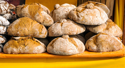 Bread served on a try in a market
