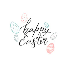 Vector Happy easter card with red and blue eggs. Hand painted illustration isolated on white background. Illustration for design, print, background.