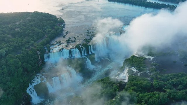 Aerial view of Iguazu Falls, monumental waterfalls on Iguazu River, Devil's Throat (Garganta del Diablo) waterfall - landscape panorama of Brazil/Argentina border, South America