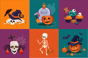 Halloween symbols set. Funny skeleton. Traditional holiday sweets, pumpkin in witch hat, skull, burning candles. Flat vector icons