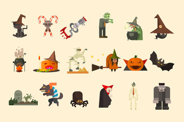 Halloween elements and funny characters. Zombie, witch on broom, cauldron with potion, pumpkin with sweets, count Dracula. Flat vector set