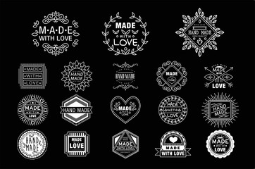 Vector set of stylish white logos for handmade goods. Made with love. Branding identity. Design for business card, ads or packaging