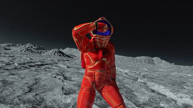 astronaut in orange exo suit exploring and dancing arround on the moon