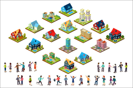 Vector set of urban isometric houses and groups of people. Residential buildings. Modern 3D style. Elements for mobile game or landscape design