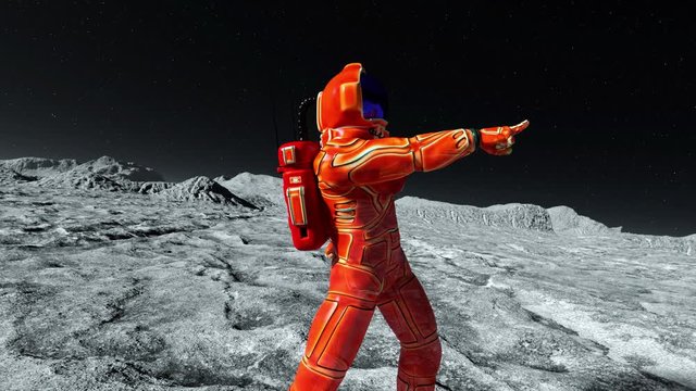 astronaut in orange exo suit exploring and dancing pointing dance