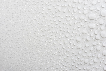 Droplets of water on a white, matte background illuminated with a delicate light.
