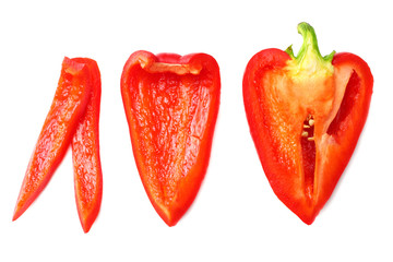 cut slices of red sweet bell pepper isolated on white background top view