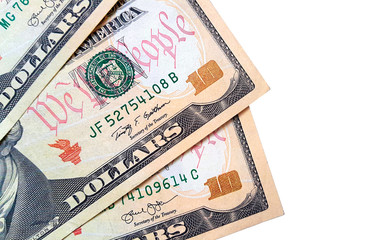 Fototapeta na wymiar Banknotes of ten american dollars on white background