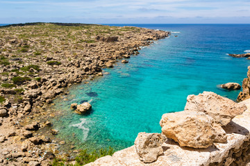 A view of Libyan Sea from Chrisoskalitissa Monastery built on a rocky hill. Southwest coast of Crete, Greece.