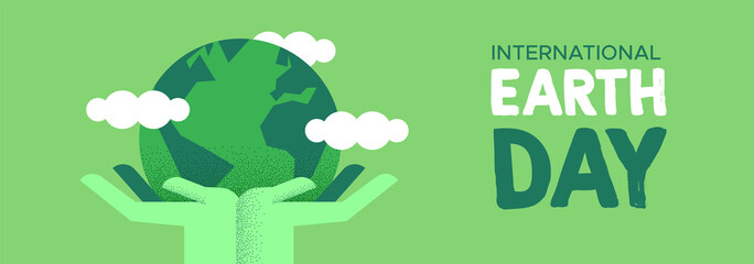 Earth Day banner of hands holding green planet © Cienpies Design