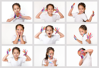 Fototapeta premium set of portrait of cute little child girl with hands painted in colorful paint on white background.