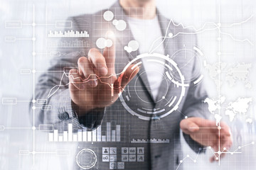Business intelligence BI Key performance indicator KPI Analysis dashboard transparent blurred background.