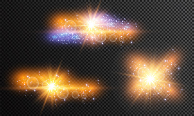 Vector illustration of abstract flare light rays. A set of stars, light and radiance, rays and brightness. Glow light effect. Vector illustration. Christmas flash Concept