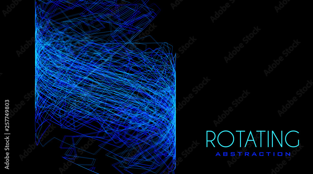 Aufkleber Rotating abstraction by thin blue tangled lines on black. Complicated vector structure