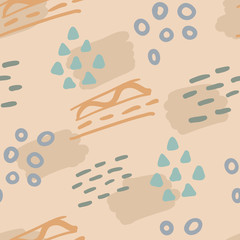 Vector different shapes doodle art seamless pattern background in beige, grey, teal, and orange colors. Memphis style design for fabric, wallpaper, packaging, wrapping paper, scrapbooking projects.