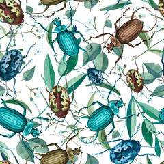 Seamless pattern with watercolor beetles ,branches and flowers