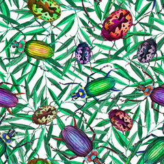 Seamless pattern with watercolor beetles and branches