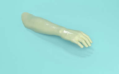 3d rendering illustration of man hand. Human body parts. Concept scene for graphic design projects. Shiny plastic glossy material. Mint and green tones. Horizontal scene. Modern concept template