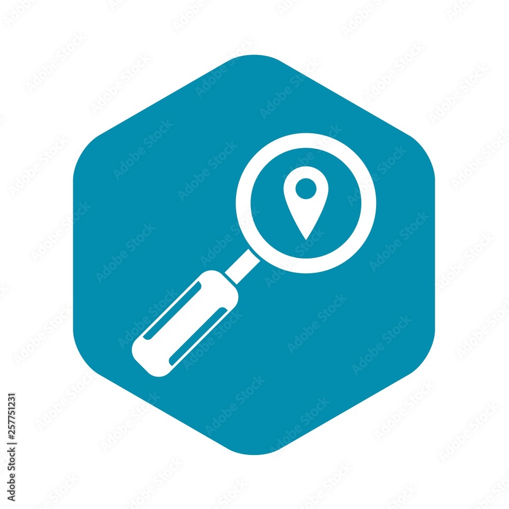 Poster magnifying glass and map location icon in simple style isolated on white background
