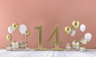 Number 14 birthday party composition with balloons and gift boxes. 3D Rendering - obrazy, fototapety, plakaty