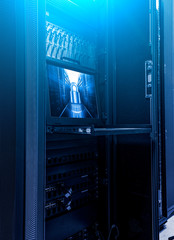 Rackmount LED console with system data protection symbol on the monitor in server room data center