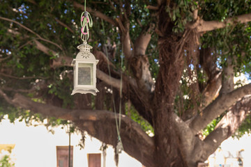 Decorative lantern on a tree in the old town. Rhodes, Greece