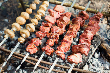 closeup of some meat skewers being grilled in a barbecue