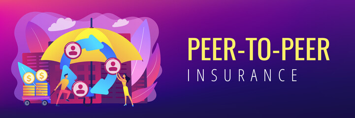 Individuals pool their premiums together to insure against a risk. Peer-to-Peer insurance, P2P collaborative risk, new social insurance concept. Header or footer banner template with copy space.