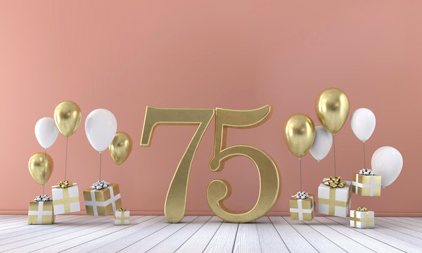 Number 75 birthday party composition with balloons and gift boxes. 3D Rendering