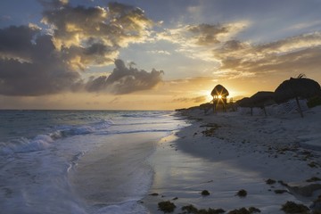 Dramatic Cloudscape and Beautiful Sunset Sky on Tropical Beach in Cayo Largo Del Sur Island in...
