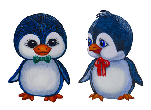 Two cute cartoon penguins - watercolor drawing