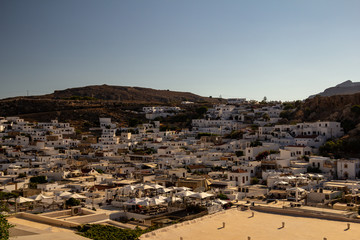 View of the modern Lindos from the acropolis. Rhodes Island, Greece.