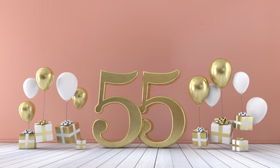 Number 55 birthday party composition with balloons and gift boxes. 3D Rendering - obrazy, fototapety, plakaty