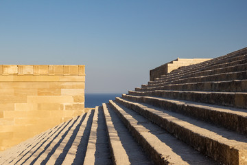 Ancient Greek staircase. Acropolis of Lindos. Rhodes Island, Greece.