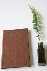 green ink bottle with twig and vintagebrown  book, against white background