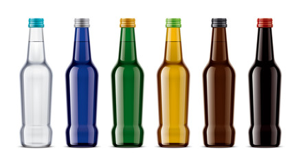 A set of colored glass bottles. 