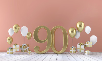 Number 90 birthday party composition with balloons and gift boxes. 3D Rendering