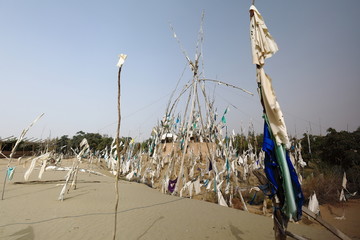 Votive flags-burial mound-Imam Asim's mazar or mausoleum area-Taklamakan Desert. Hotan-Xingjiang-China-0068