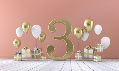 Number 3 birthday party composition with balloons and gift boxes. 3D Rendering
