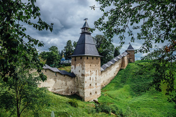 Old fortification walls of Holy Dormition Pskov-Caves Monastery in Pechory