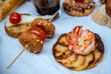 Variation of dishes with delicious traditional Spanish tapa food.