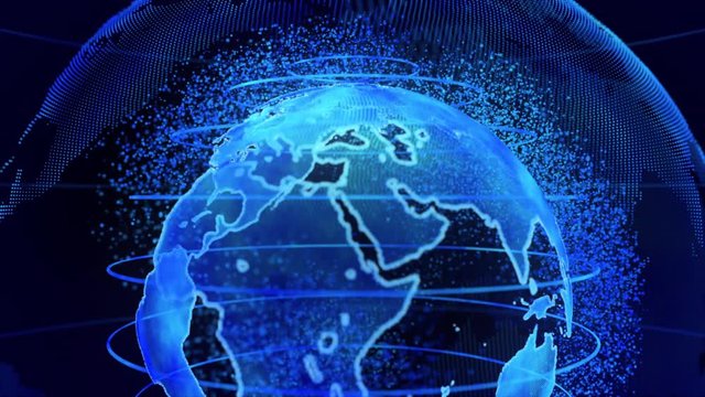 Blue 3D rendering of earth technology, business and communications background. Earth globe rotation with plexus particles around. TV news