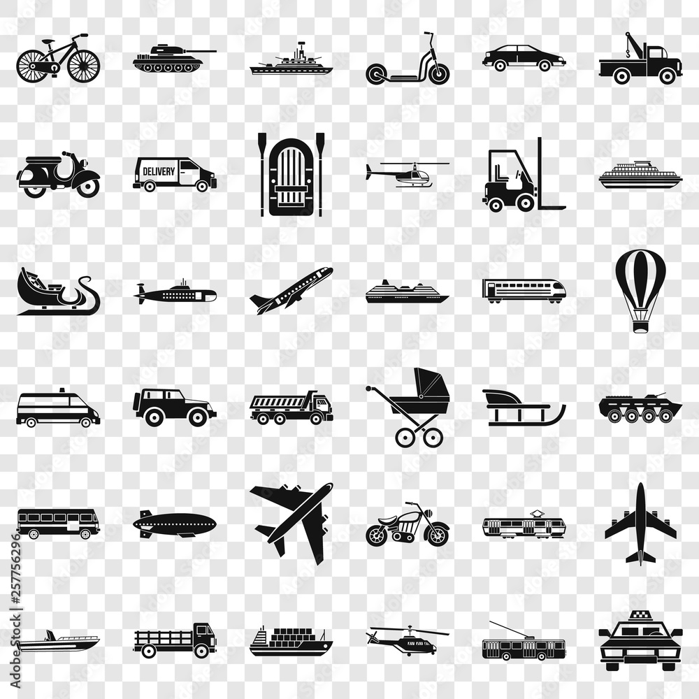 Poster moving transport icons set. simple style of 36 moving transport vector icons for web for any design